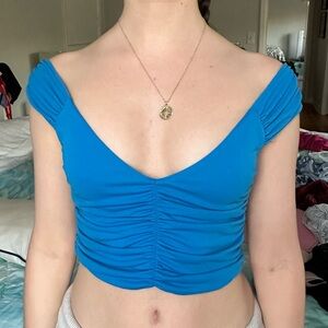 Zara Blue Cap Sleeve Ruched Crop Top